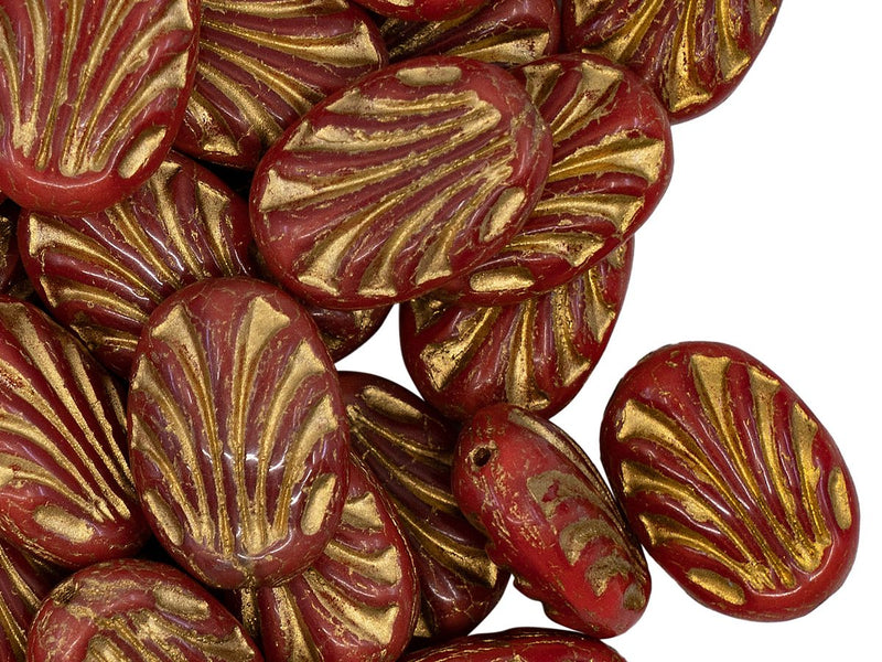 Oval with Lines 17x12 mm, Opaque Red With Golden Lines, Czech Glass