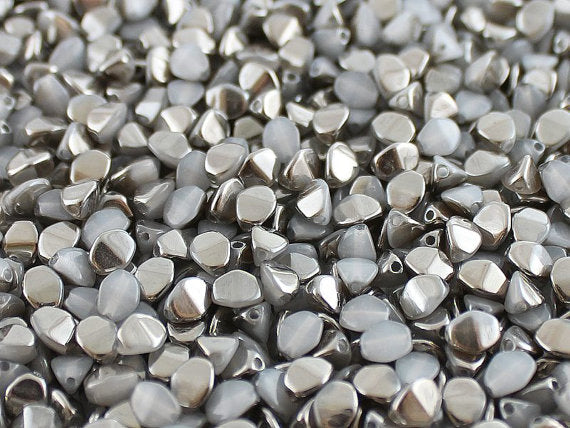 50 pcs Pinch Pressed Beads, 5x3.5mm, White Alabaster Chrome, Czech Glass