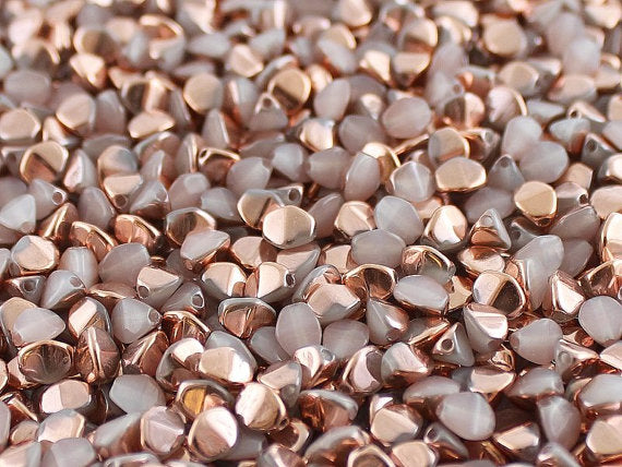50 pcs Pinch Pressed Beads, 5x3.5mm, White Alabaster Gold Capri, Czech Glass