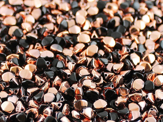 50 pcs Pinch Pressed Beads, 5x3.5mm, Jet Black Capri Gold, Czech Glass
