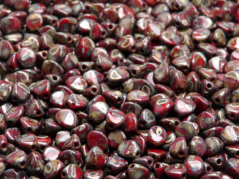 50 pcs Pinch Pressed Beads, 5x3.5mm, Opaque Coral Red Picasso, Czech Glass