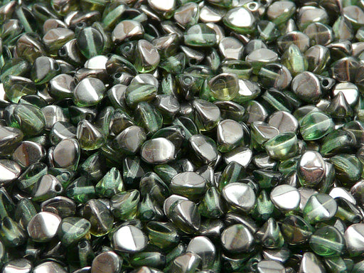 50 pcs Pinch Pressed Beads, 5x3.5mm, Peridot Green Half Chrome, Czech Glass
