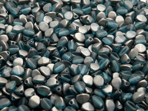 50 pcs Pinch Pressed Beads, 5x3.5mm, Aquamarine Blue Half Chrome Matte, Czech Glass