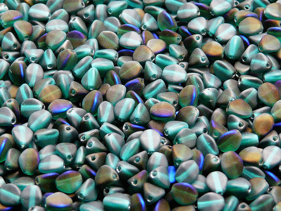 50 pcs Pinch Pressed Beads, 5x3.5mm, Emerald Azuro Matte, Czech Glass