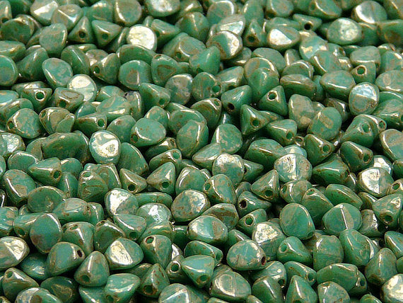 50 pcs Pinch Pressed Beads, 5x3.5mm, Opaque Turquoise Green Picasso, Czech Glass