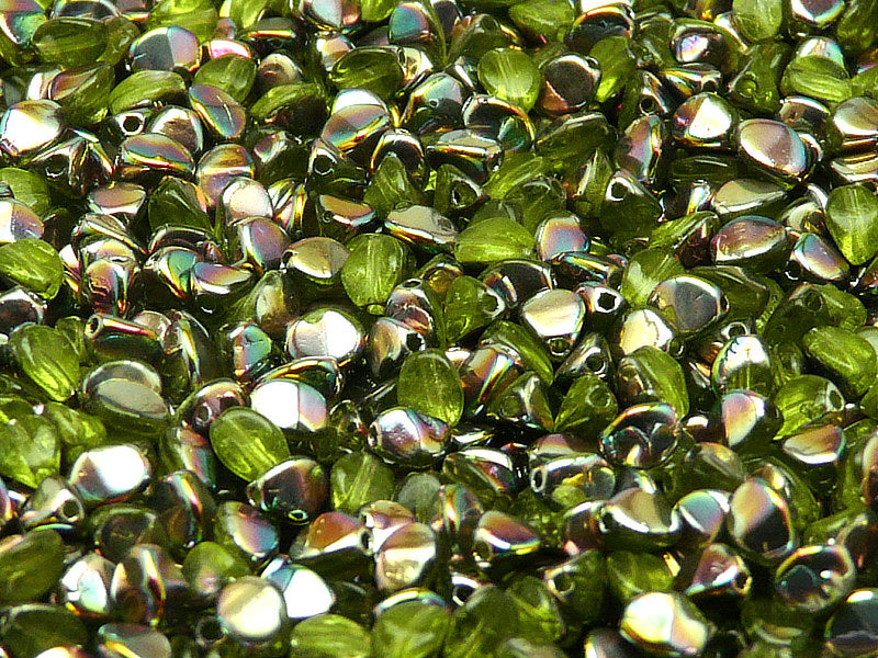 50 pcs Pinch Pressed Beads, 5x3.5mm, Olivine Vitrail, Czech Glass
