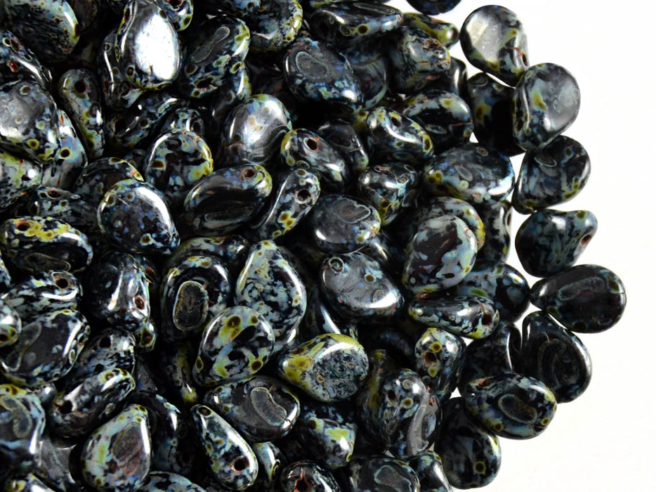50 pcs Preciosa Pip™ Beads, 7x5mm, Jet Black Travertine, Czech Glass