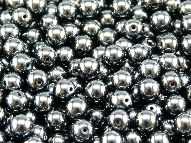 50 pcs Round Pressed Beads, 6mm, Jet Hematite (Gray), Czech Glass