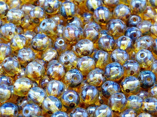 50 pcs Round Pressed Beads, 6mm, Crystal Travertine, Czech Glass