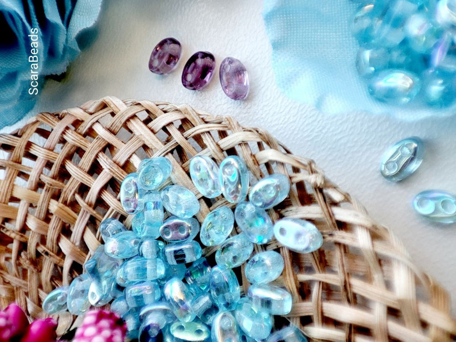20 g Oval Flat Beads 5x3x2.5 mm, 2 Holes, Aquamarine Blue AB, Czech Glass