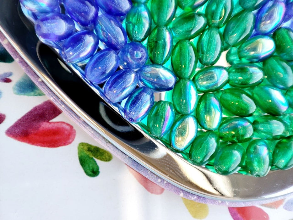 50 pcs Olive Beads 6x4 mm, Transparent Emerald AB, Czech Glass