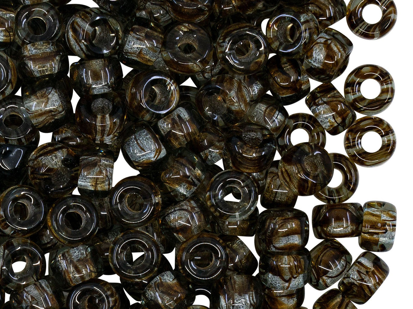 Pressed Seed Beads 6 mm, Crystal with Brown Stripes, Czech Glass