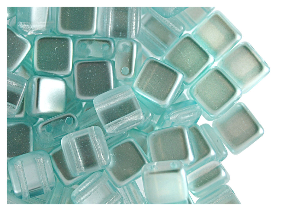 40 pcs 2-hole Tile Beads, 6x6x3.2mm, Pearl Aqua, Czech Glass