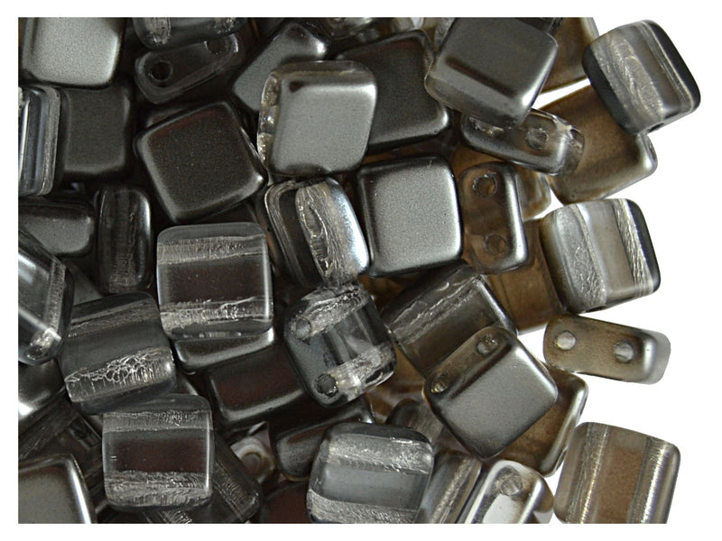 40 pcs 2-hole Tile Beads, 6x6x3.2mm, Pearl Hematite (Gray), Czech Glass