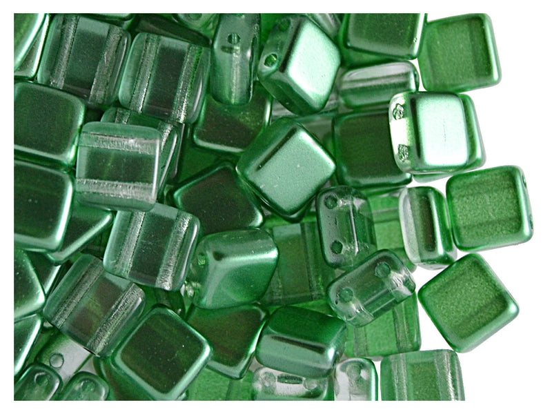 40 pcs 2-hole Tile Beads, 6x6x3.2mm, Pearl Green, Czech Glass