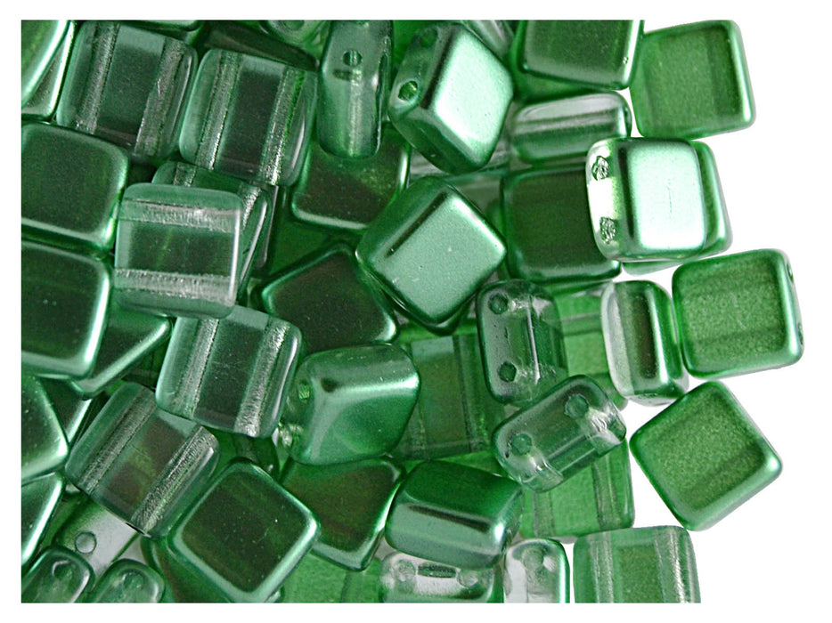 40 pcs 2-hole Tile Beads, 6x6x3.2mm, Pearl Green, Czech Glass