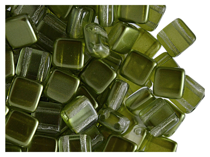 40 pcs 2-hole Tile Beads, 6x6x3.2mm, Pearl Olivine, Czech Glass