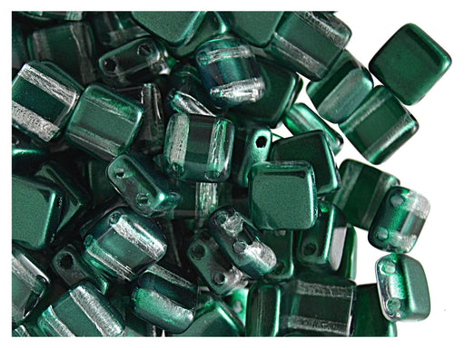 40 pcs 2-hole Tile Beads, 6x6x3.2mm, Pearl Dark Green, Czech Glass