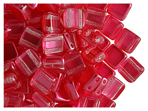 40 pcs 2-hole Tile Beads, 6x6x3.2mm, Pearl Red Pink, Czech Glass