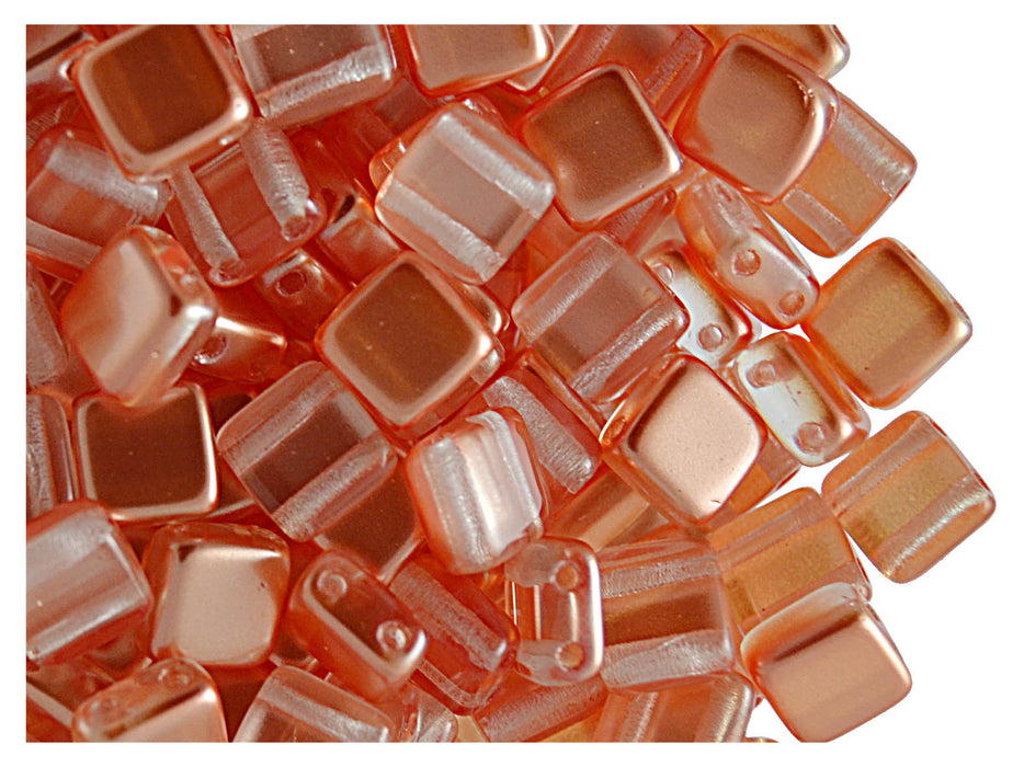 40 pcs 2-hole Tile Beads, 6x6x3.2mm, Pearl Salmon, Czech Glass