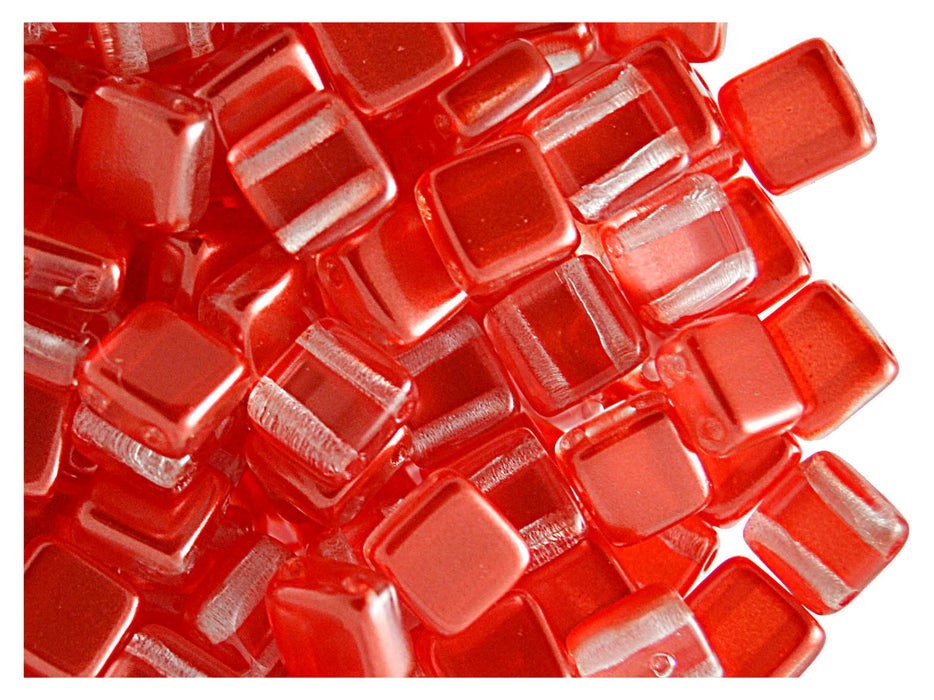 40 pcs 2-hole Tile Beads, 6x6x3.2mm, Pearl Red Orange, Czech Glass