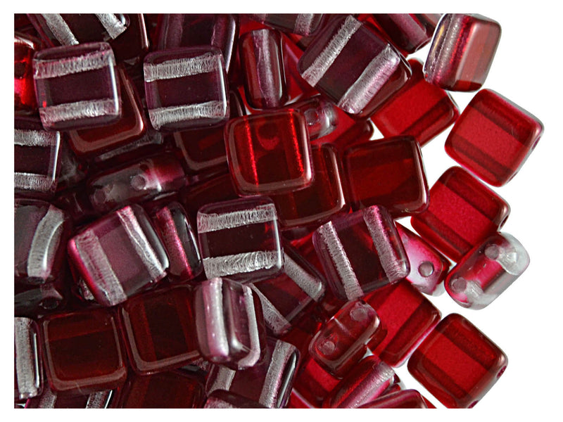 40 pcs 2-hole Tile Beads, 6x6x3.2mm, Pearl Garnet (Dark Ruby), Czech Glass