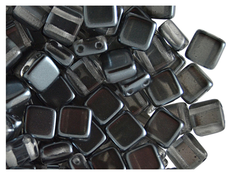 40 pcs 2-hole Tile Beads, 6x6x3.2mm, Pearl Gray, Czech Glass