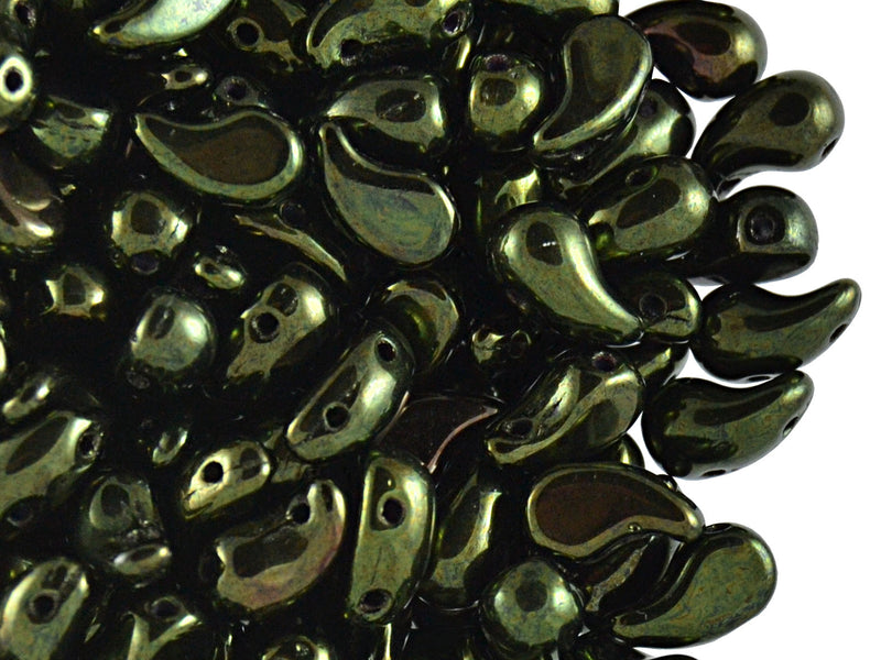 20 pcs 2-hole ZoliDuo® Right Pressed Beads, 5x8mm, Jet Red Luster ( Green), Czech Glass
