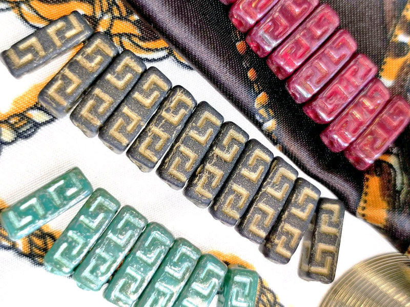 15 pcs Celtic Block Beads 15x5 mm, Opaque Coral Red with Gold Decor, Czech Glass