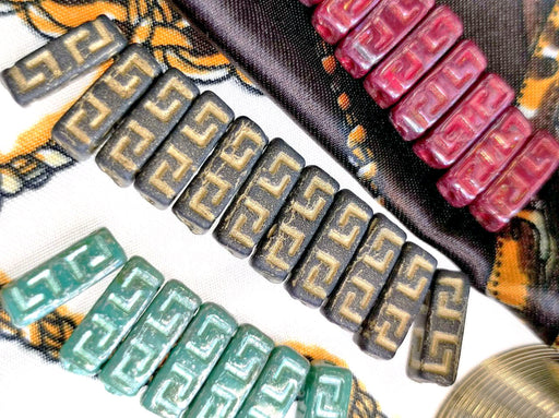15 pcs Celtic Block Beads 15x5 mm, Turquoise Green Picasso with Green Decor, Czech Glass