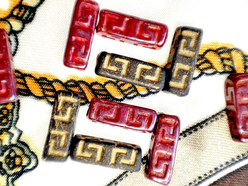 15 pcs Celtic Block Beads 15x5 mm, Alabaster Cream Matte with Brown Decor, Czech Glass