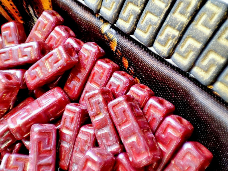 15 pcs Celtic Block Beads 15x5 mm, Opaque Coral Red Iris Luster, Czech Glass