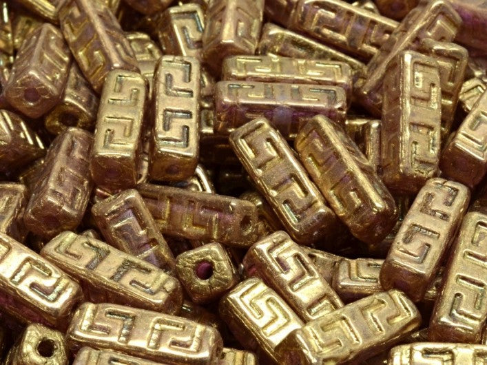 Celtic Block Beads 15x5 mm, Crystal Gold Bronze, Czech Glass