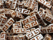 Celtic Block Beads 15x5 mm, Alabaster Cream Matte with Brown Decor, Czech Glass