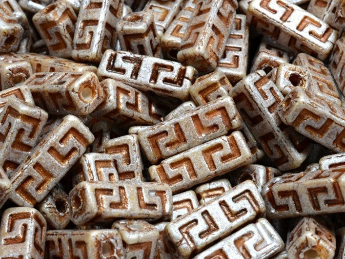 Celtic Block Beads 15x5 mm, Alabaster Cream Matte with Brown Decor, Czech Glass