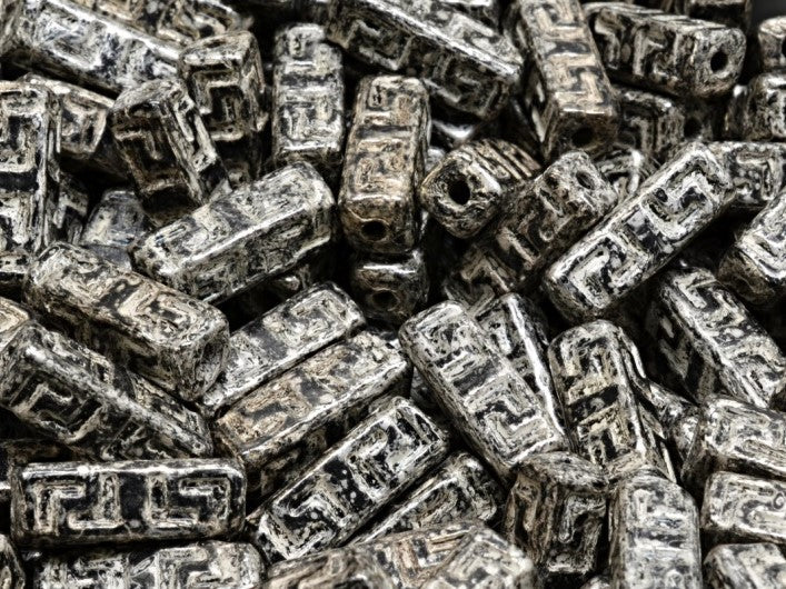 Celtic Block Beads 15x5 mm, Jet Black Silver Pastel, Czech Glass
