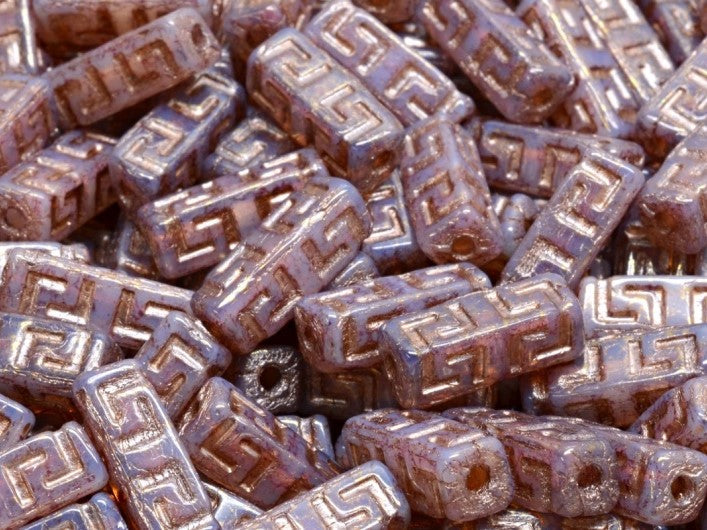 Celtic Block Beads 15x5 mm, Opal Pink Terracotta Purple with Bronze Decor, Czech Glass