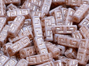Celtic Block Beads 15x5 mm, Opal Pink Matte with Bronze Decor, Czech Glass