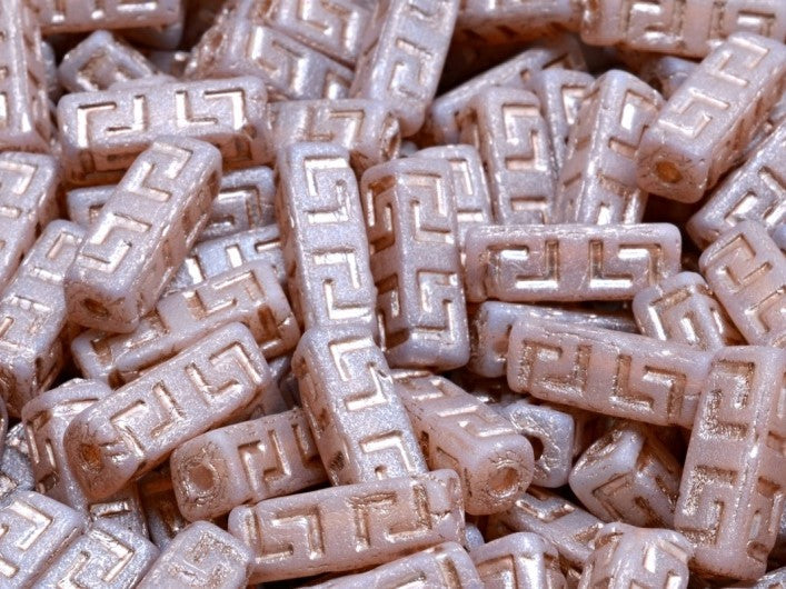 Celtic Block Beads 15x5 mm, Opal Pink Matte with Bronze Decor, Czech Glass