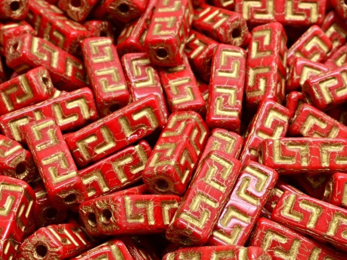 Celtic Block Beads 15x5 mm, Opaque Coral Red with Gold Decor, Czech Glass