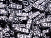 Celtic Block Beads 15x5 mm, Jet Black Matte with Silver Decor, Czech Glass