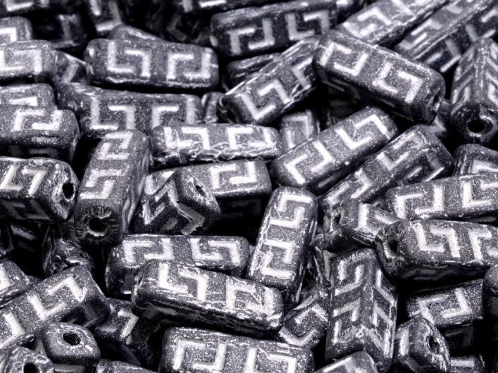 Celtic Block Beads 15x5 mm, Jet Black Matte with Silver Decor, Czech Glass