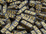Celtic Block Beads 15x5 mm, Jet Black Matte with Gold Decor, Czech Glass