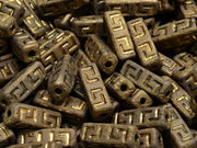Celtic Block Beads 15x5 mm, Jet Black Matte Dark Gold Metallic, Czech Glass