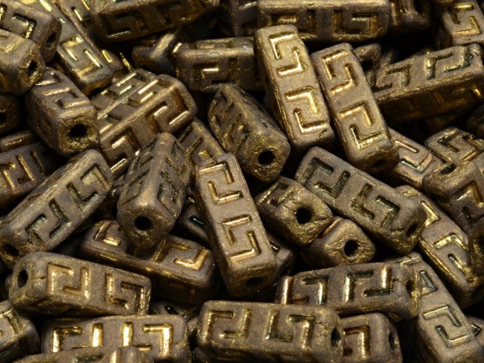Celtic Block Beads 15x5 mm, Jet Black Matte Dark Gold Metallic, Czech Glass