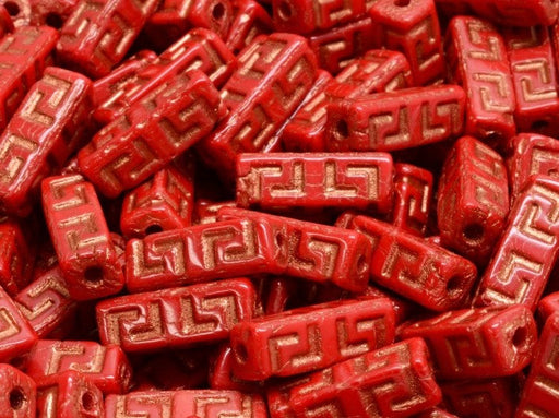 Celtic Block Beads 15x5 mm, Opaque Coral Red with Copper Decor, Czech Glass