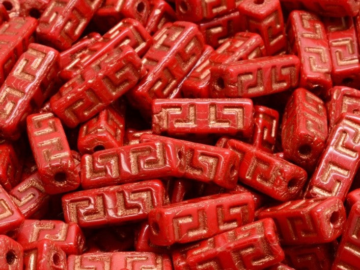 Celtic Block Beads 15x5 mm, Opaque Coral Red with Copper Decor, Czech Glass