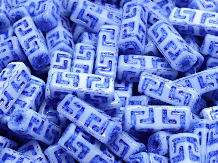 Celtic Block Beads 15x5 mm, White Alabaster with Blue Decor, Czech Glass