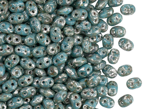 20 g 2-hole SuperDuo™ Seed Beads, 2.5x5mm, Turquoise Blue Picasso Luster, Czech Glass