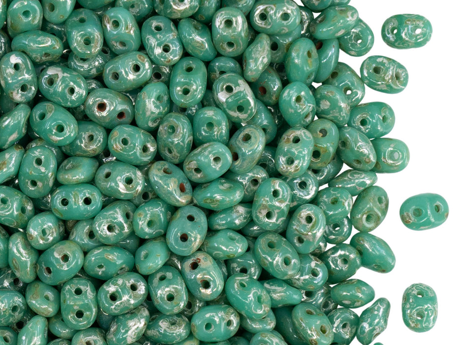 20 g 2-hole SuperDuo™ Seed Beads, 2.5x5mm, Turquoise Green Picasso Luster, Czech Glass